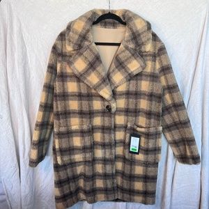 Kendall + Kylie Faux Fur Plaid Teddy Coat L